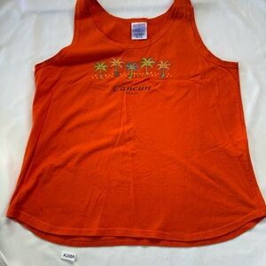 Gildan Orange Sleeveless Tank Top with White Floral Design